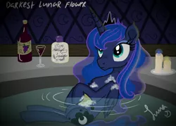 Size: 4583x3273 | Tagged: absurd resolution, alcohol, artist:darkest-lunar-flower, bath, bathing, bathtub, bubble, candle, chest fluff, derpibooru import, glass, hilarious in hindsight, princess luna, safe, soap, water, wine, wine bottle, wine glass