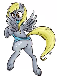 Size: 446x605 | Tagged: suggestive, artist:silver1kunai, derpibooru import, derpy hooves, pegasus, pony, backless, blushing, bubble butt, clothes, female, flying, looking back, mare, open-back sweater, plot, simple background, sleeveless sweater, sweater, underhoof, virgin killer sweater