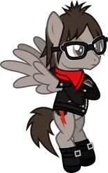 Size: 946x1518 | Tagged: safe, artist:lightningbolt, derpibooru import, ponified, pegasus, pony, .svg available, armband, clandestine industries, clothes, crossed hooves, flying, frown, glasses, jacket, lidded eyes, male, mikey way, my chemical romance, scarf, shoes, simple background, socks, solo, spread wings, stallion, svg, three cheers for sweet revenge, transparent background, vector, wings, zipper