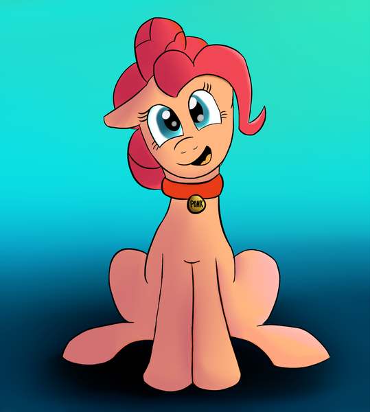 Size: 1750x1949 | Tagged: safe, artist:itsthinking, derpibooru import, pinkie pie, earth pony, pony, behaving like a dog, collar, female, gradient background, head tilt, mare, open mouth, ponk, pony pet, puppy pie, simple background, smiling, solo