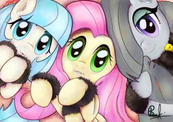 Size: 1366x969 | Tagged: safe, artist:raftclan, derpibooru import, coco pommel, fluttershy, marble pie, earth pony, pegasus, pony, cocobetes, cute, female, hair over one eye, hooves to the chest, hug, looking at you, marblebetes, mare, on back, pillow, pillow hug, shyabetes, the council of shy ponies, trio, weapons-grade cute, wristband, wrong eye color
