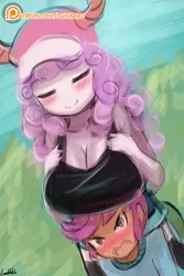 Size: 750x1125 | Tagged: suggestive, artist:lumineko, derpibooru import, scootaloo, sweetie belle, quetzalcoatl, equestria girls, big breasts, blushing, boobhat, breast envy, breasts, busty sweetie belle, cleavage, crossover, curly hair, delicious flat chest, duo, duo female, eyes closed, female, hat, height difference, horns, huge breasts, miss kobayashi's dragon maid, older, scootaflat, shouta, smiling