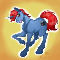 Size: 3000x3000 | Tagged: safe, artist:pinktonicponystudio, derpibooru import, oc, unofficial characters only, pony, brown eyes, commission, gradient background, looking at you, male, raised hoof, red hair, smiling, solo, stallion