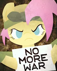 Size: 1200x1500 | Tagged: safe, artist:hackd, derpibooru import, fluttershy, pegasus, pony, alternate timeline, angry, anti-war, bust, crystal war timeline, female, frown, glare, holding, hoof hold, looking at you, mare, no pupils, pacifism, portrait, sign, solo