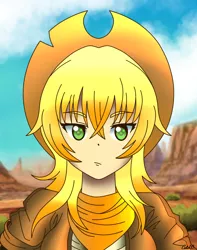 Size: 1500x1900 | Tagged: artist:ciderpunk, bandana, bust, clothes, colored pupils, cowboy hat, derpibooru import, desert, hat, human, humanized, humanized oc, looking at you, oc, oc:applesunrise, safe, solo, unofficial characters only, western