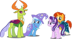 Size: 5488x3000 | Tagged: safe, artist:dashiesparkle, derpibooru import, starlight glimmer, sunburst, thorax, trixie, changedling, changeling, pony, unicorn, celestial advice, .svg available, absurd resolution, cape, clothes, female, glasses, hat, king thorax, mare, simple background, socks (coat marking), transparent background, trixie's cape, trixie's hat, vector