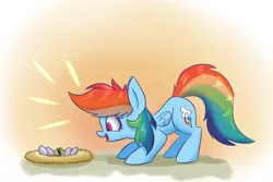 Size: 1280x853 | Tagged: safe, artist:heir-of-rick, derpibooru import, rainbow dash, pegasus, pony, tortoise, cute, dashabetes, egg, happy, nest, open mouth, smiling, solo