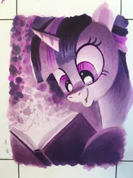 Size: 768x1024 | Tagged: safe, artist:andypriceart, derpibooru import, twilight sparkle, pony, unicorn, book, limited palette, looking down, smiling, solo, traditional art, watercolor painting