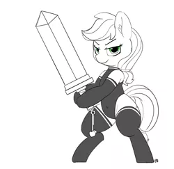 Size: 1280x1245 | Tagged: suggestive, artist:pabbley, derpibooru import, applejack, pony, belly button, bipedal, clothes, female, legwear, leotard, partial color, simple background, socks, solo, solo female, sword, weapon