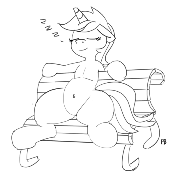 Size: 1280x1294 | Tagged: safe, artist:pabbley, derpibooru import, lyra heartstrings, pony, unicorn, belly button, bench, female, meme, monochrome, simple background, sitting, sitting lyra, sleeping, solo, white background, zzz