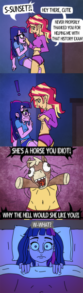 Size: 800x2800 | Tagged: suggestive, artist:rawrienstein, derpibooru import, sci-twi, sunset shimmer, twilight sparkle, oc, oc:anxiety horse, equestria girls, bait and switch, bed, belly button, breasts, clothes, comic, crying, dream, fear, female, jumpscare, lesbian, scitwishimmer, shipping, shirt, shirt lift, sunsetsparkle, underwear