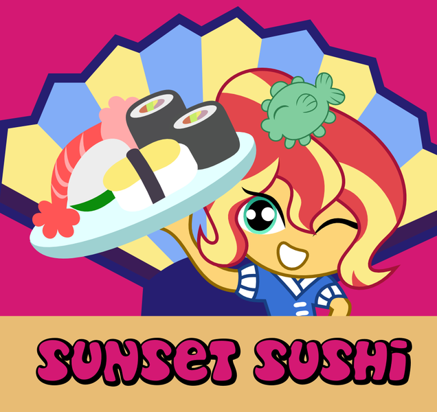 Size: 1000x943 | Tagged: safe, artist:kingdark0001, derpibooru import, sunset shimmer, equestria girls, chibi, clothes, cute, doll, equestria girls minis, female, food, hair tie, happi, looking at you, one eye closed, onigiri, seafood, serving tray, shimmerbetes, smiling, solo, sunset sushi, sushi, toy, toy interpretation, wink