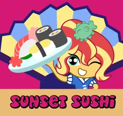 Size: 1000x943 | Tagged: safe, artist:kingdark0001, derpibooru import, sunset shimmer, equestria girls, chibi, clothes, cute, doll, equestria girls minis, female, food, hair tie, happi, looking at you, one eye closed, onigiri, seafood, serving tray, shimmerbetes, smiling, solo, sunset sushi, sushi, toy, toy interpretation, wink