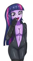 Size: 1889x3472 | Tagged: suggestive, artist:sumin6301, derpibooru import, twilight sparkle, equestria girls, absolute cleavage, bodysuit, breasts, busty twilight sparkle, catsuit, cleavage, clothes, cute, female, latex, latex suit, looking at you, open mouth, sexy, simple background, solo, solo female, stupid sexy twilight, twiabetes, white background