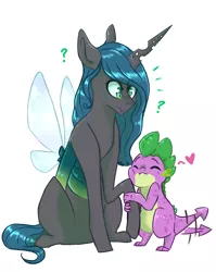 Size: 1512x1900 | Tagged: safe, artist:shiny-cooler, derpibooru import, queen chrysalis, spike, changeling, changeling queen, dragon, baby, baby dragon, chryspike, cute, cutealis, female, heart, hug, leg hug, male, question mark, raised hoof, shipping, simple background, sitting, spikabetes, spikelove, straight, tail wag, white background
