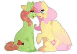 Size: 3508x2480 | Tagged: safe, artist:moonhowlerel, derpibooru import, fluttershy, tree hugger, pony, blushing, boop, chest fluff, eyes closed, female, flutterhugger, high res, lesbian, noseboop, shipping, simple background, sitting, transparent background