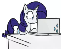 Size: 525x424 | Tagged: safe, artist:bambooharvester, derpibooru import, rarity, pony, unicorn, computer, cutie mark, eyelashes, horn, laptop computer, simple background, solo, white background, wide eyes