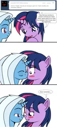 Size: 736x1632 | Tagged: safe, artist:dekomaru, derpibooru import, trixie, twilight sparkle, pony, tumblr:ask twixie, ask, bedroom eyes, blushing, female, kissing, lesbian, looking at each other, shipping, tumblr, twixie