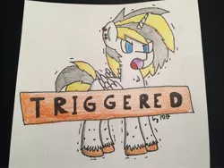 Size: 3264x2448 | Tagged: safe, derpibooru import, oc, oc:thunder scratch, unofficial characters only, alicorn, pony, alicorn oc, angry, ear piercing, earring, jewelry, meme, piercing, triggered