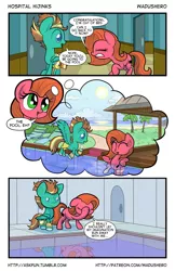 Size: 1280x1978 | Tagged: safe, artist:wadusher0, derpibooru import, oc, oc:pun, oc:spring step, unofficial characters only, earth pony, pegasus, pony, comic:hospital hijinks, beach, clothes, comic, facehoof, female, male, mare, shorts, stallion, swimming pool