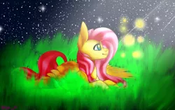 Size: 738x465 | Tagged: safe, artist:blitsazalisdash, artist:purple-owo, derpibooru import, fluttershy, pegasus, pony, collaboration, female, grass, mare, night, night sky, prone, solo