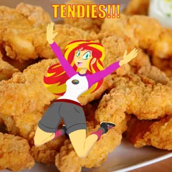 Size: 2000x2000 | Tagged: safe, artist:7los7, artist:dwk, derpibooru import, sunset shimmer, equestria girls, beautiful, boots, camp everfree outfits, chicken meat, chicken tenders, clothes, food, fried chicken, happy, meat, shorts, socks, solo