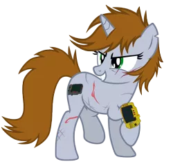 Size: 6758x6400 | Tagged: semi-grimdark, artist:aborrozakale, derpibooru import, oc, oc:littlepip, unofficial characters only, pony, unicorn, fallout equestria, absurd resolution, blood, cut, female, mare, missing accessory, pipbuck, pipbuck 3000, raised hoof, simple background, solo, transparent background, vector