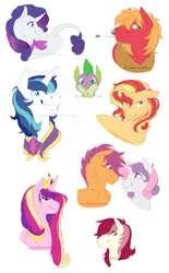 Size: 953x1533 | Tagged: safe, artist:the-chibster, derpibooru import, big macintosh, princess cadance, rarity, roseluck, scootaloo, shining armor, spike, sunset shimmer, sweetie belle, alicorn, dragon, earth pony, pegasus, pony, unicorn, female, lesbian, male, older, scootabelle, shipping, smiling