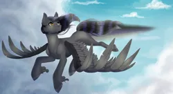 Size: 5500x3000 | Tagged: safe, artist:maria-fly, derpibooru import, oc, oc:rune riddle, unofficial characters only, pegasus, pony, absurd resolution, cloud, commission, female, flying, looking back, mare, sky, solo, spread wings, unshorn fetlocks, wings, ych result