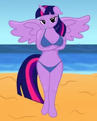 Size: 4000x5000 | Tagged: absurd resolution, alicorn, anthro, artist:theonewithoutaname, beach, belly button, bellyring, big breasts, bikini, breasts, busty twilight sparkle, clothes, derpibooru import, erect nipples, female, horn, nipple outline, piercing, seductive, seductive pose, solo, solo female, suggestive, swimsuit, tail, twilight sparkle, twilight sparkle (alicorn), unguligrade anthro, wings