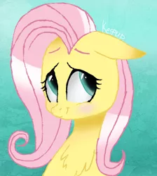 Size: 459x512 | Tagged: safe, artist:kilka-chan-yana, derpibooru import, fluttershy, pegasus, pony, blushing, bust, floppy ears, looking away, looking sideways, looking up, portrait, smiling, solo