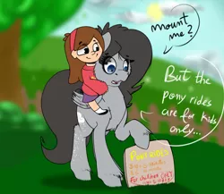 Size: 1280x1112 | Tagged: safe, artist:blah-blah-turner, derpibooru import, oc, oc:cristice, human, pegasus, pony, crossover, duo, gravity falls, humans riding ponies, mabel pines, riding, sign