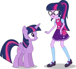 Size: 7500x6850 | Tagged: safe, artist:limedazzle, derpibooru import, sci-twi, twilight sparkle, twilight sparkle (alicorn), alicorn, pony, equestria girls, absurd resolution, bowtie, clothes, glasses, human ponidox, looking at each other, mary janes, pony counterpart, ponytail, raised leg, self ponidox, shoes, simple background, skirt, socks, square crossover, transparent background, twolight, vector