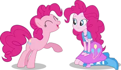 Size: 7500x4346 | Tagged: safe, artist:limedazzle, derpibooru import, pinkie pie, pony, equestria girls, absurd resolution, balloon, boots, bracelet, clothes, cute, diapinkes, eyes closed, high heel boots, human ponidox, jewelry, looking at each other, pony counterpart, raised hoof, self ponidox, simple background, skirt, square crossover, transparent background, vector