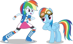 Size: 7500x4488 | Tagged: safe, artist:limedazzle, derpibooru import, rainbow dash, pony, equestria girls, absurd resolution, backwards cutie mark, boots, bracelet, clothes, giggling, goggles, human ponidox, jewelry, open mouth, pony counterpart, self ponidox, simple background, socks, square crossover, transparent background, vector, wristband