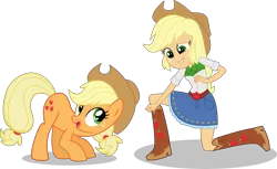 Size: 7500x4597 | Tagged: safe, artist:limedazzle, derpibooru import, applejack, pony, equestria girls, absurd resolution, boots, cowboy boots, cowboy hat, freckles, grin, hat, human ponidox, looking at each other, nervous, nervous grin, pony counterpart, self ponidox, simple background, smiling, square crossover, transparent background, vector
