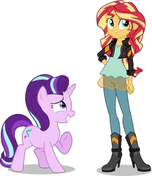 Size: 6438x7461 | Tagged: safe, artist:limedazzle, derpibooru import, starlight glimmer, sunset shimmer, pony, unicorn, equestria girls, absurd resolution, boots, clothes, grin, high heel boots, hilarious in hindsight, jacket, leather jacket, nervous, nervous grin, raised hoof, simple background, smiling, square crossover, transparent background, vector