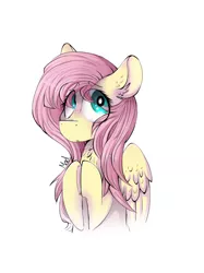 Size: 1535x2047 | Tagged: artist:mad-maker-cat, bust, chest fluff, derpibooru import, fluttershy, hooves together, looking at you, looking sideways, looking up, portrait, safe, simple background, solo, white background