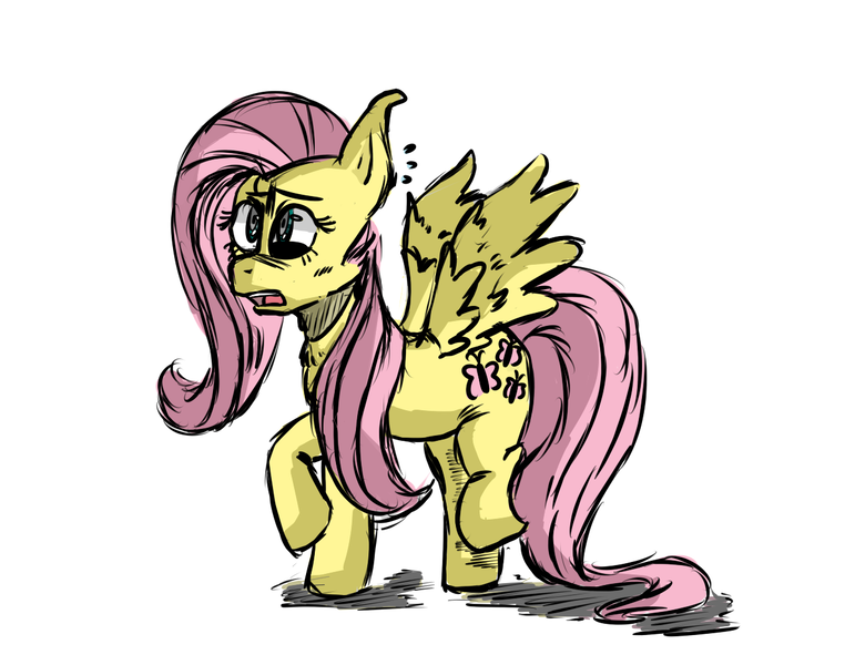 Size: 1300x1000 | Tagged: artist:jodi sli, confused, derpibooru import, fluttershy, open mouth, raised hoof, safe, shading, simple background, solo, spread wings, surprised, white background, wings