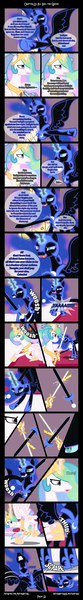 Size: 1024x7447 | Tagged: safe, artist:saturnstar14, derpibooru import, nightmare moon, princess celestia, oc, oc:nyx, alicorn, pony, comic:past sins, absurd resolution, comic, dialogue, female, fight, helmet, jewelry, levitation, magic, mare, nightmare nyx, regalia, sound effects, sword, telekinesis, weapon