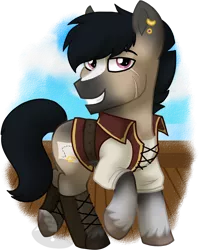 Size: 640x800 | Tagged: safe, artist:tambelon, derpibooru import, oc, oc:shoal, unofficial characters only, earth pony, pony, clothes, ear piercing, earring, jewelry, male, piercing, scar, simple background, solo, stallion, transparent background, unshorn fetlocks, watermark