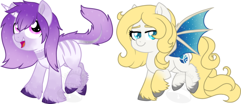 Size: 1024x442 | Tagged: safe, artist:tambelon, derpibooru import, oc, oc:lirio, oc:snow fell, unofficial characters only, bat pony, classical unicorn, pony, unicorn, bat pony oc, chibi, cloven hooves, duo, female, leonine tail, mare, simple background, sparkles, transparent background, unshorn fetlocks, watermark