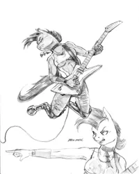 Size: 1100x1372 | Tagged: suggestive, artist:baron engel, derpibooru import, octavia melody, anthro, earth pony, unguligrade anthro, breasts, busty octavia, clothes, electric guitar, eyes closed, eyeshadow, female, guitar, guitar pick, makeup, mare, monochrome, open mouth, pants, pencil drawing, rocktavia, simple background, sketch, solo, solo female, traditional art, underboob, white background