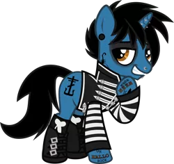 Size: 1304x1233 | Tagged: safe, artist:lightningbolt, derpibooru import, ponified, pony, unicorn, .svg available, boots, buckle, clothes, ear piercing, emo, eyeliner, eyeshadow, frank iero, gauges, grin, hair over one eye, hoof on chest, horn piercing, jacket, lip piercing, looking at you, makeup, male, my chemical romance, nose piercing, piercing, raised hoof, simple background, smiling, smug, socks, solo, stallion, standing, stripes, svg, tattoo, teeth, the black parade, transparent background, vector