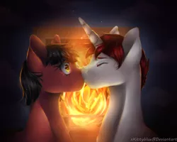 Size: 2164x1734 | Tagged: safe, artist:xkittyblue, derpibooru import, oc, unofficial characters only, earth pony, pony, unicorn, colored pupils, commission, female, fireplace, kissing, male, mare, oc x oc, shipping, stallion, straight, surprise kiss, surprised