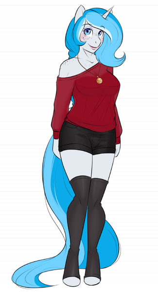 Size: 462x853 | Tagged: safe, artist:askbubblelee, derpibooru import, oc, oc:bubble lee, oc:imago, unofficial characters only, anthro, unguligrade anthro, unicorn, anthro oc, big breasts, breasts, clothes, curvy, cute, female, freckles, hourglass figure, looking at you, mare, off shoulder, shorts, shoulder freckles, simple background, smiling, solo