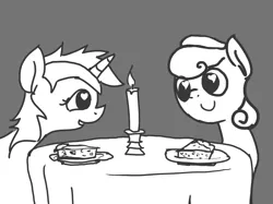 Size: 1173x877 | Tagged: safe, artist:orchid-to-the-winter, derpibooru import, bon bon, lyra heartstrings, sweetie drops, earth pony, pony, unicorn, 30 minute art challenge, bust, candle, candlelight dinner, female, food, gray background, grayscale, heart eyes, lesbian, looking at each other, lyrabon, monochrome, pie, shipping, simple background, smiling, wingding eyes