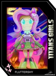 Size: 2025x2737 | Tagged: safe, artist:the-butch-x, derpibooru import, fluttershy, bat pony, robot, equestria girls, building, city, clothes, crossover, destruction, flutterbat, giantess, macro, race swap, skirt, solo, tanktop, titans girls, transformers