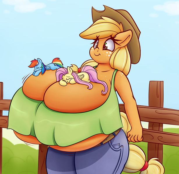 Size: 1280x1249 | Tagged: questionable, artist:bellspurgebells, artist:graphenescloset, derpibooru import, applejack, fluttershy, rainbow dash, anthro, earth pony, pegasus, pony, anthro with ponies, big breasts, breast pillow, breasts, busty applejack, cleavage, female, huge breasts, implied breast expansion, impossibly large breasts, mare, micro, shrunk, size difference, sleeping, underboob
