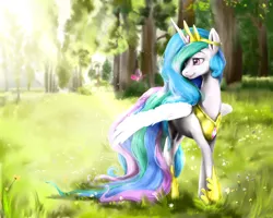 Size: 3000x2400 | Tagged: safe, artist:rossignolet, derpibooru import, princess celestia, alicorn, butterfly, pony, backlighting, bright, crepuscular rays, crown, female, grass, looking at something, mare, raised hoof, regalia, scenery, smiling, solo, spread wings, sunlight, tree, walking, wings